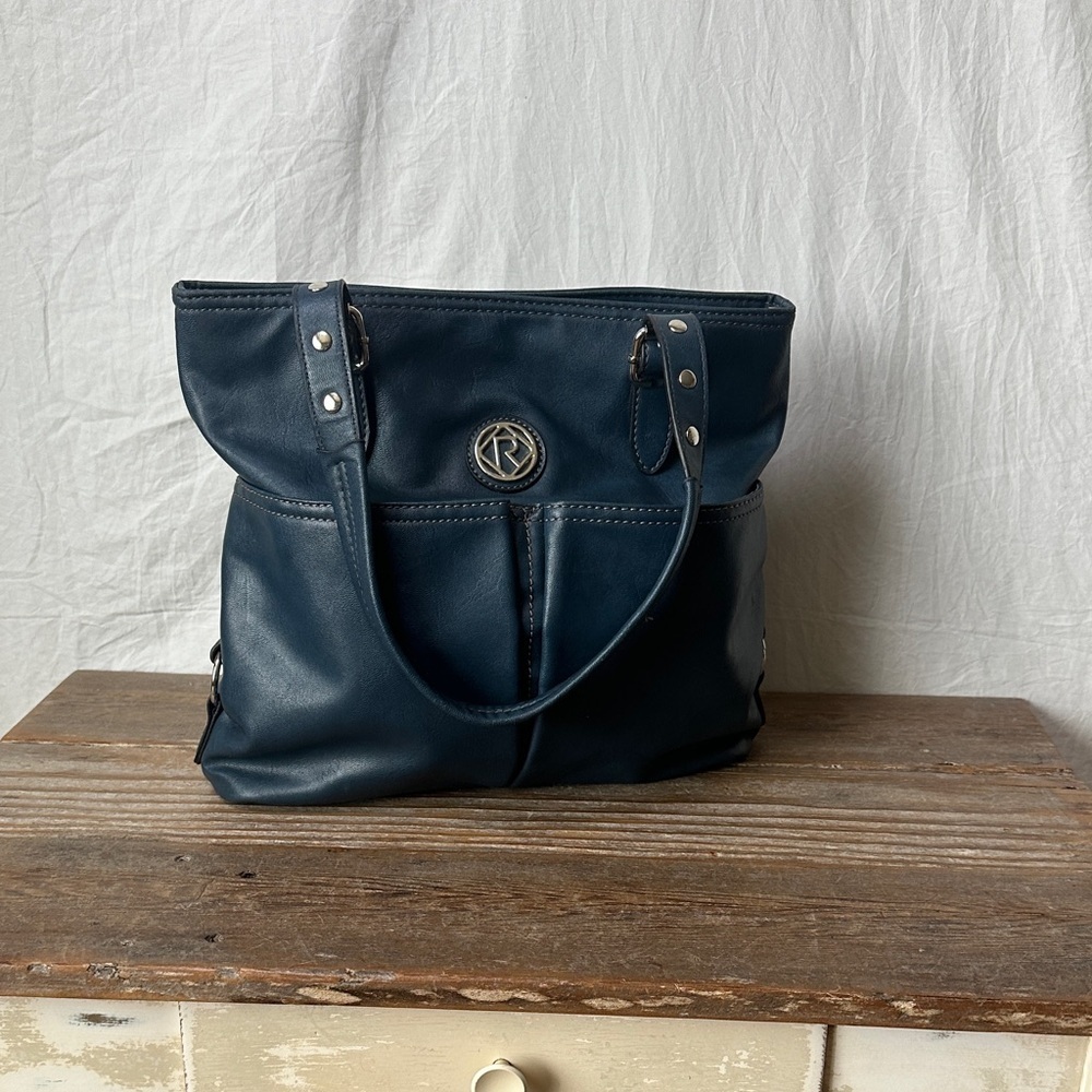 Relic Navy Blue Leather Tote with Logo Medallion